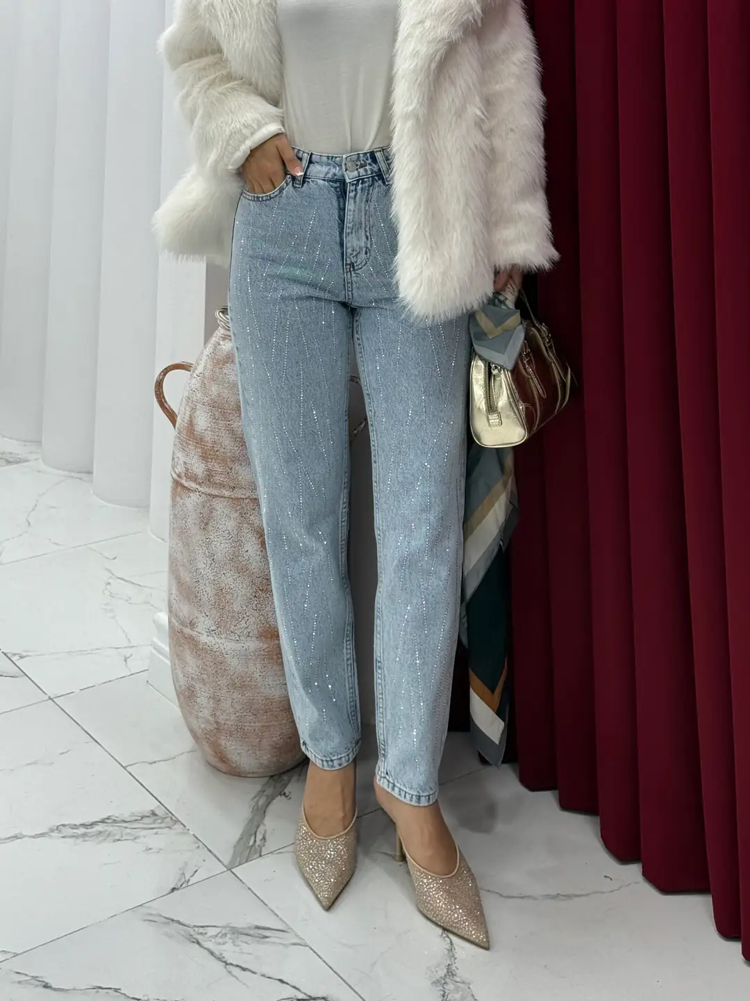 Çapraz Taşlı Jean Pantalon - 3