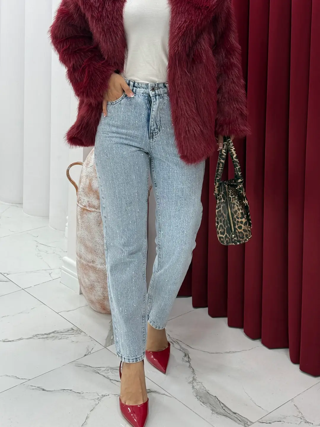 Düz Çizgili-Taşlı Jean Pantalon - 2