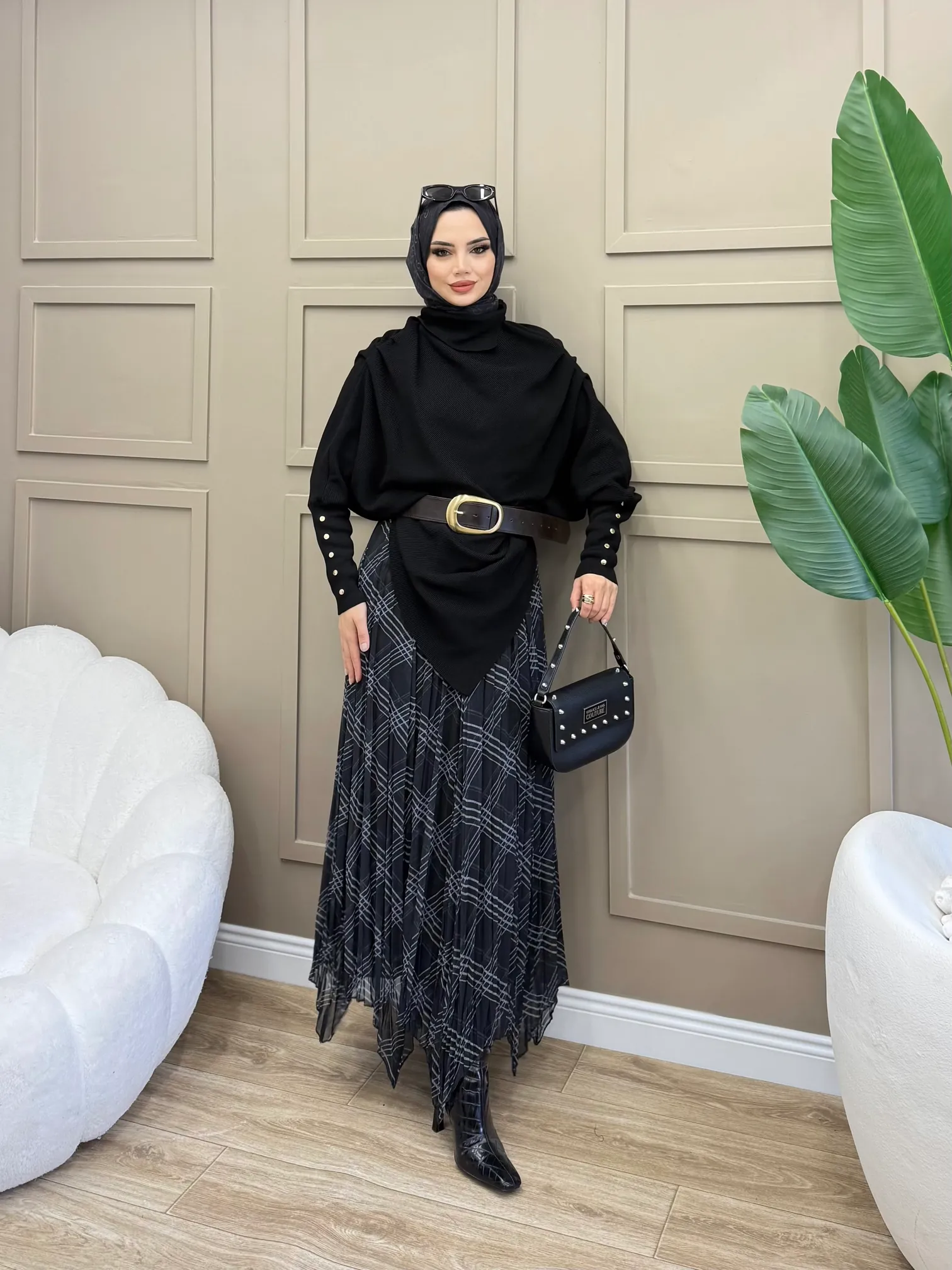 Ekose Desen Piliseli Şifon Etek - 2