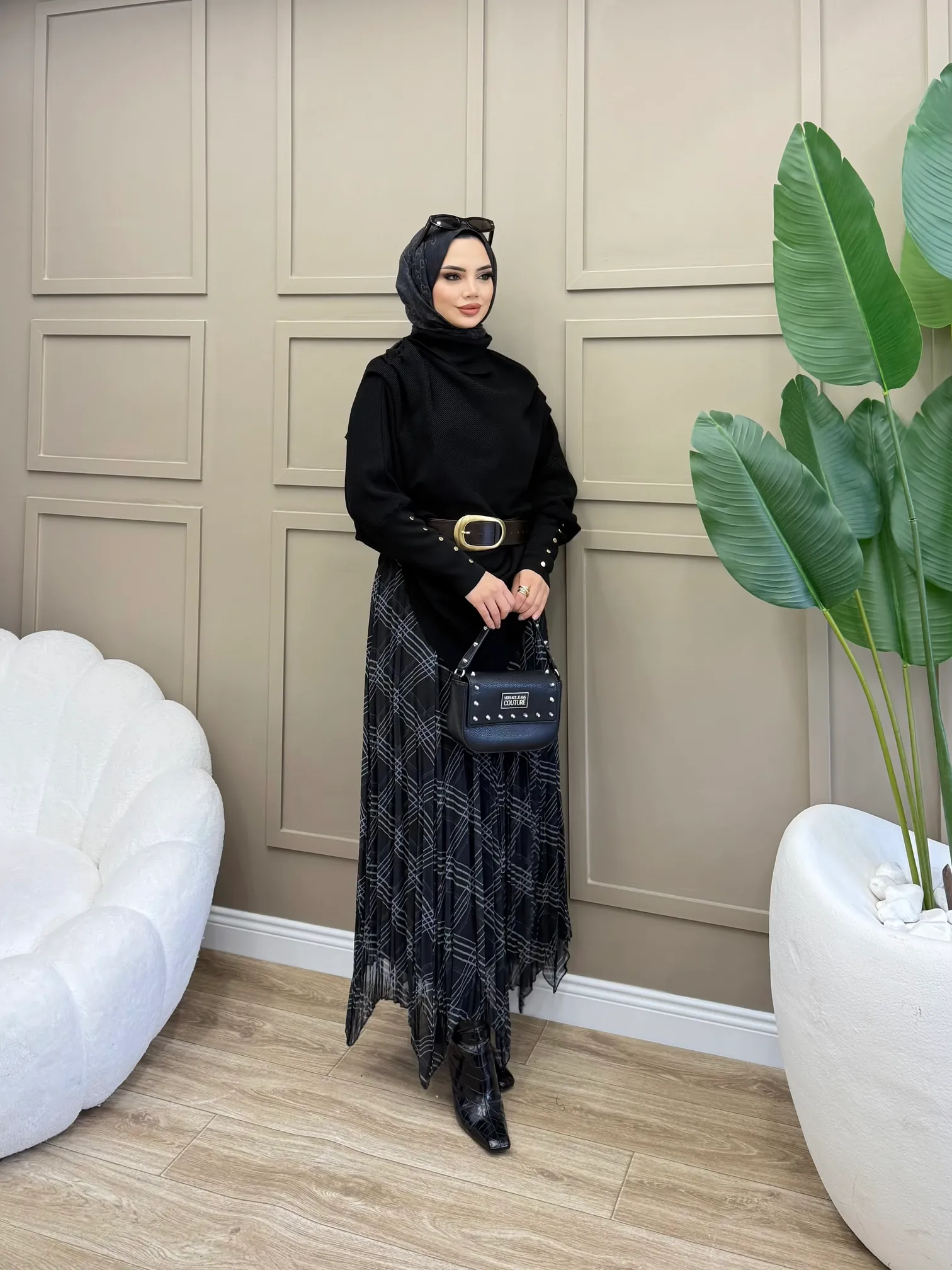 Ekose Desen Piliseli Şifon Etek - 3