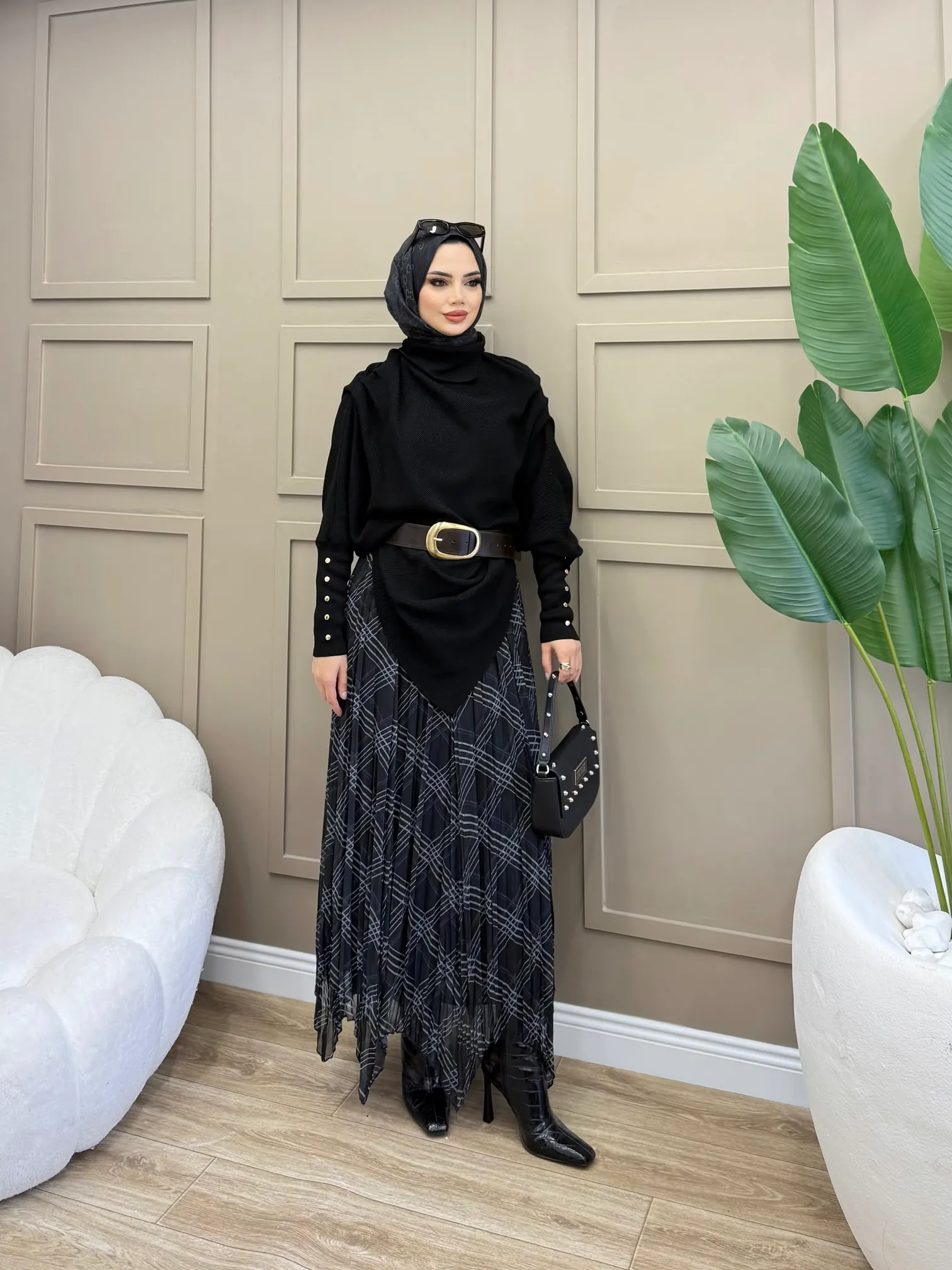 Ekose Desen Piliseli Şifon Etek