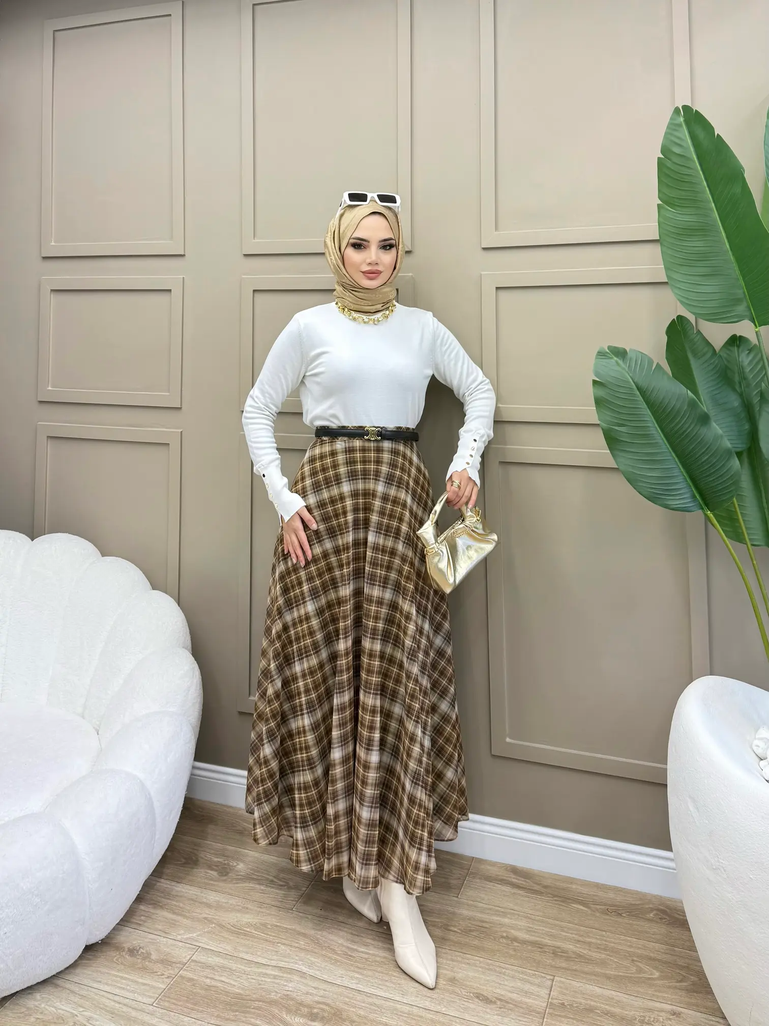 Kare Desenli Premium Şifon Etek - 2