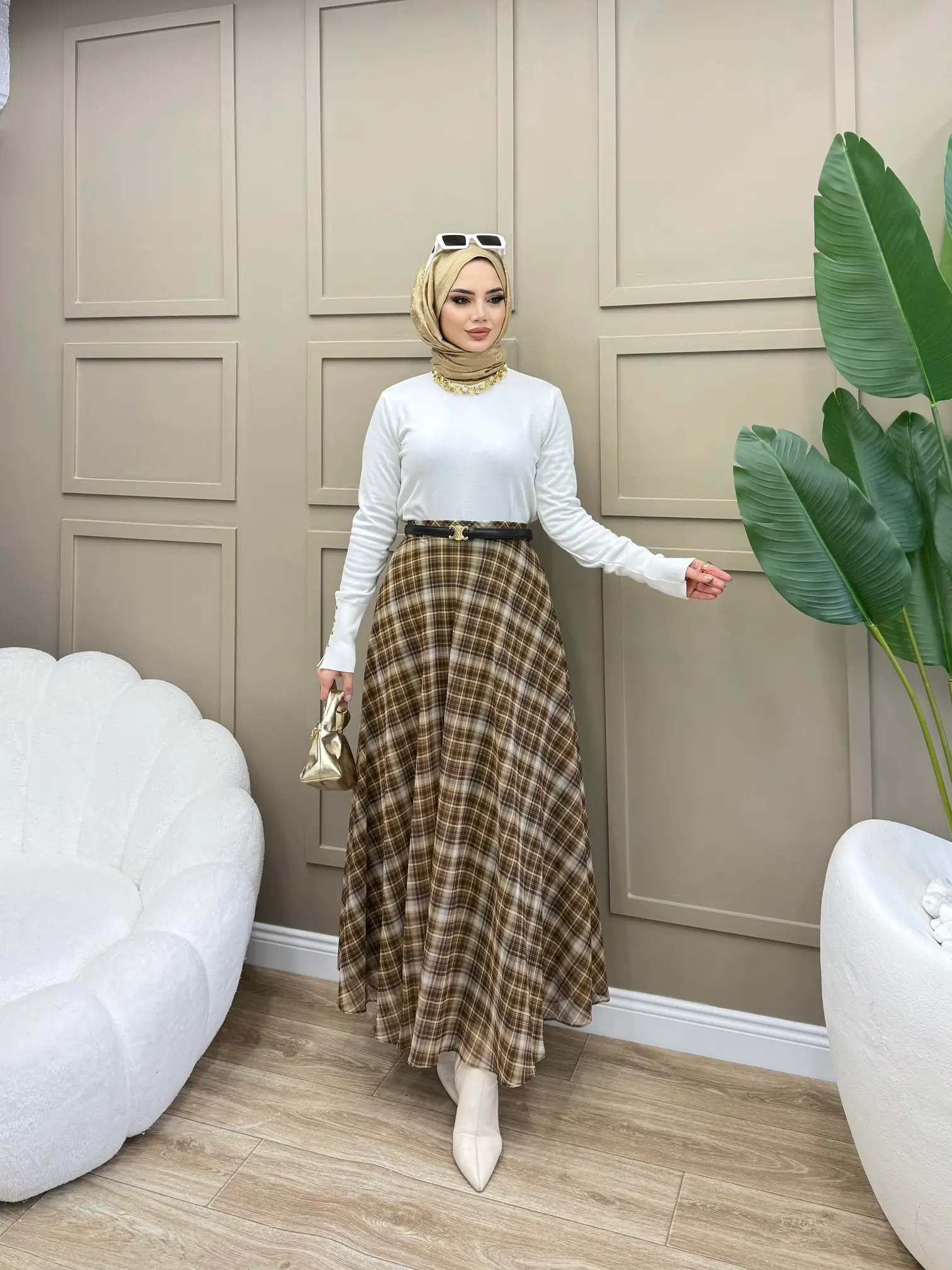 Kare Desenli Premium Şifon Etek - 3