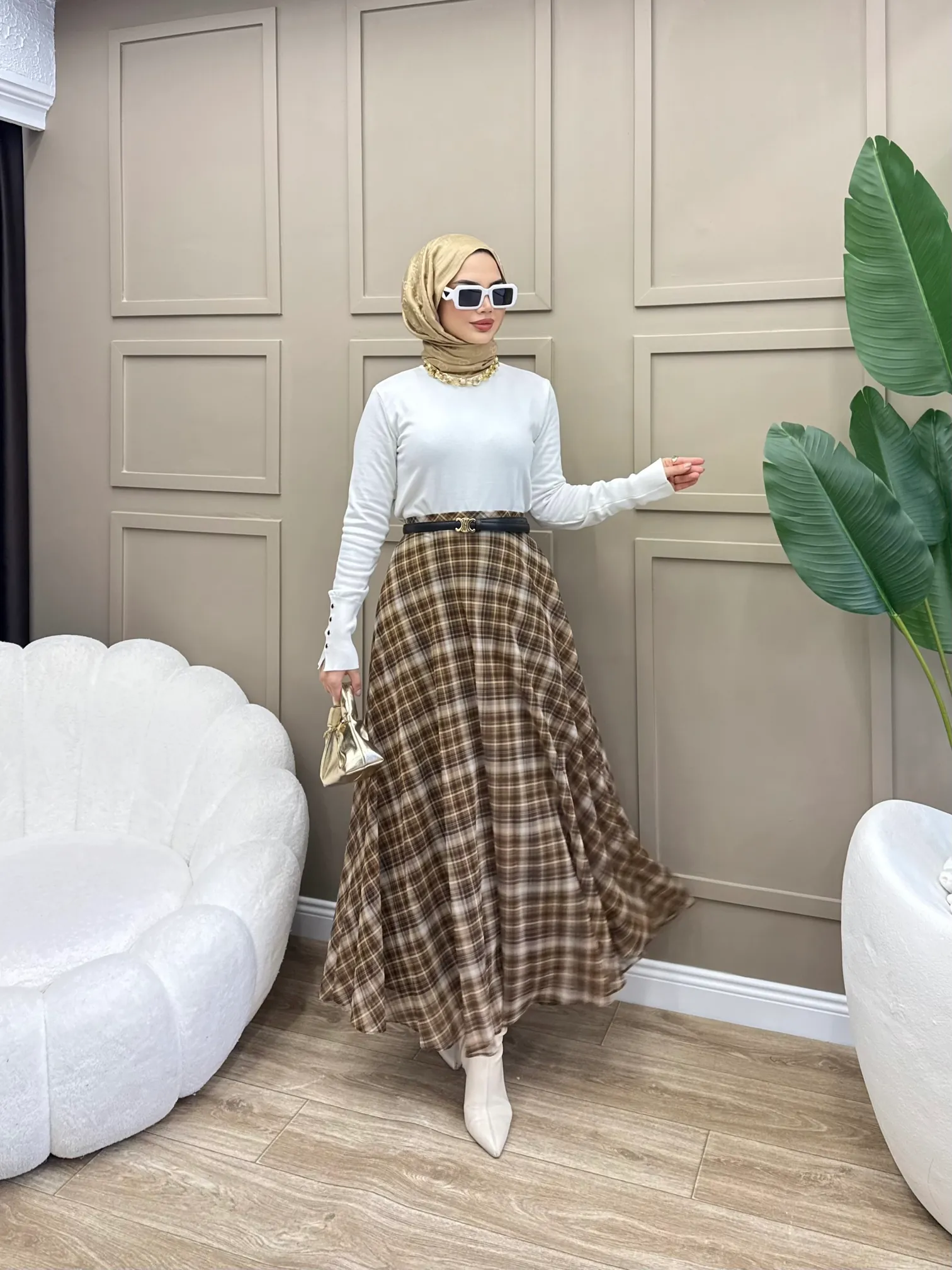 Kare Desenli Premium Şifon Etek