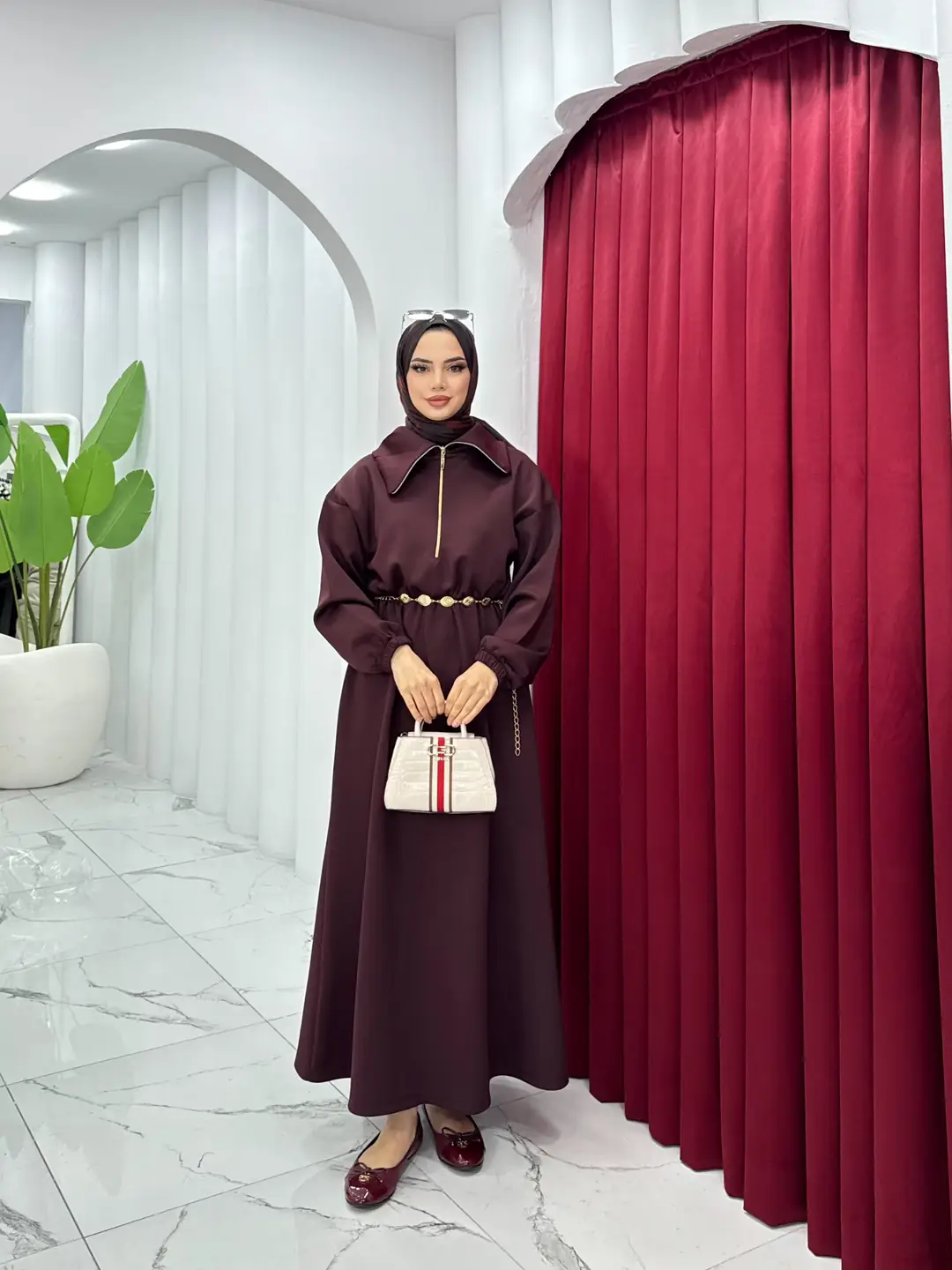 Kemerli Scuba Elbise Bordo - 2