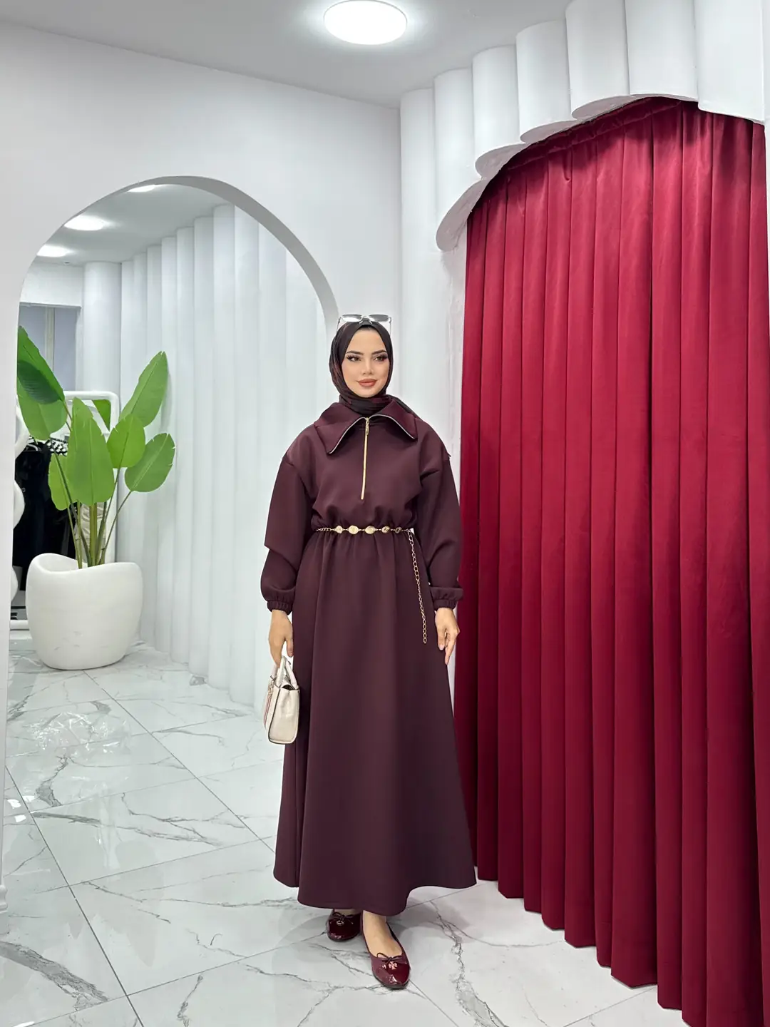 Kemerli Scuba Elbise Bordo - 3