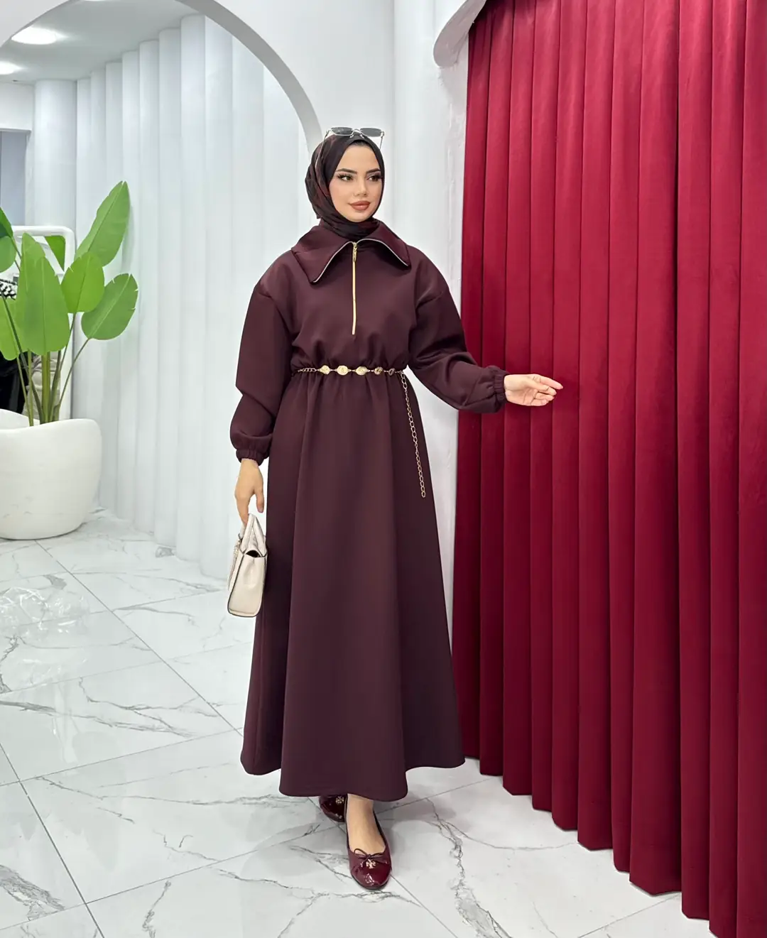 Kemerli Scuba Elbise Bordo