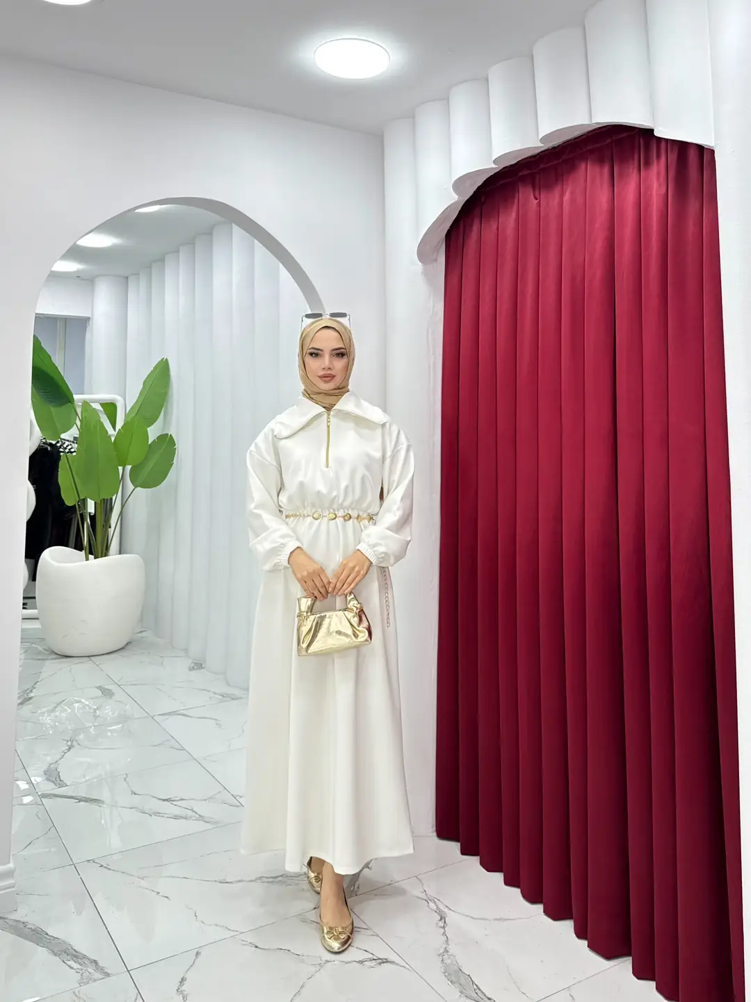 Kemerli Scuba Elbise Beyaz - 2