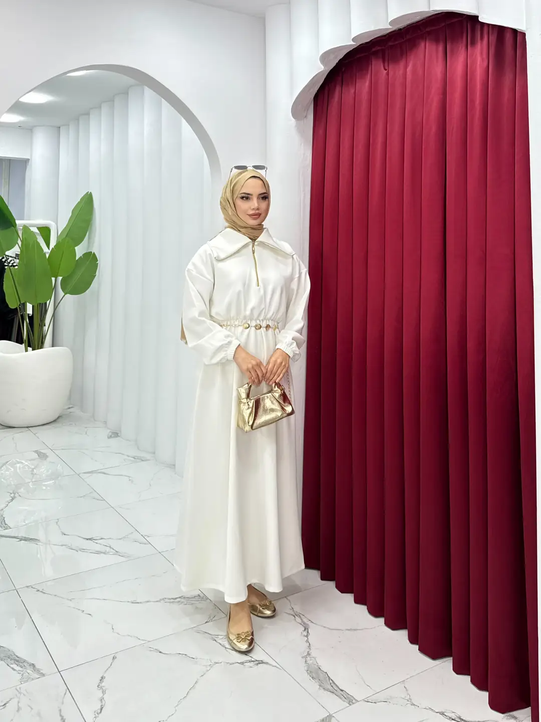 Kemerli Scuba Elbise Beyaz - 3