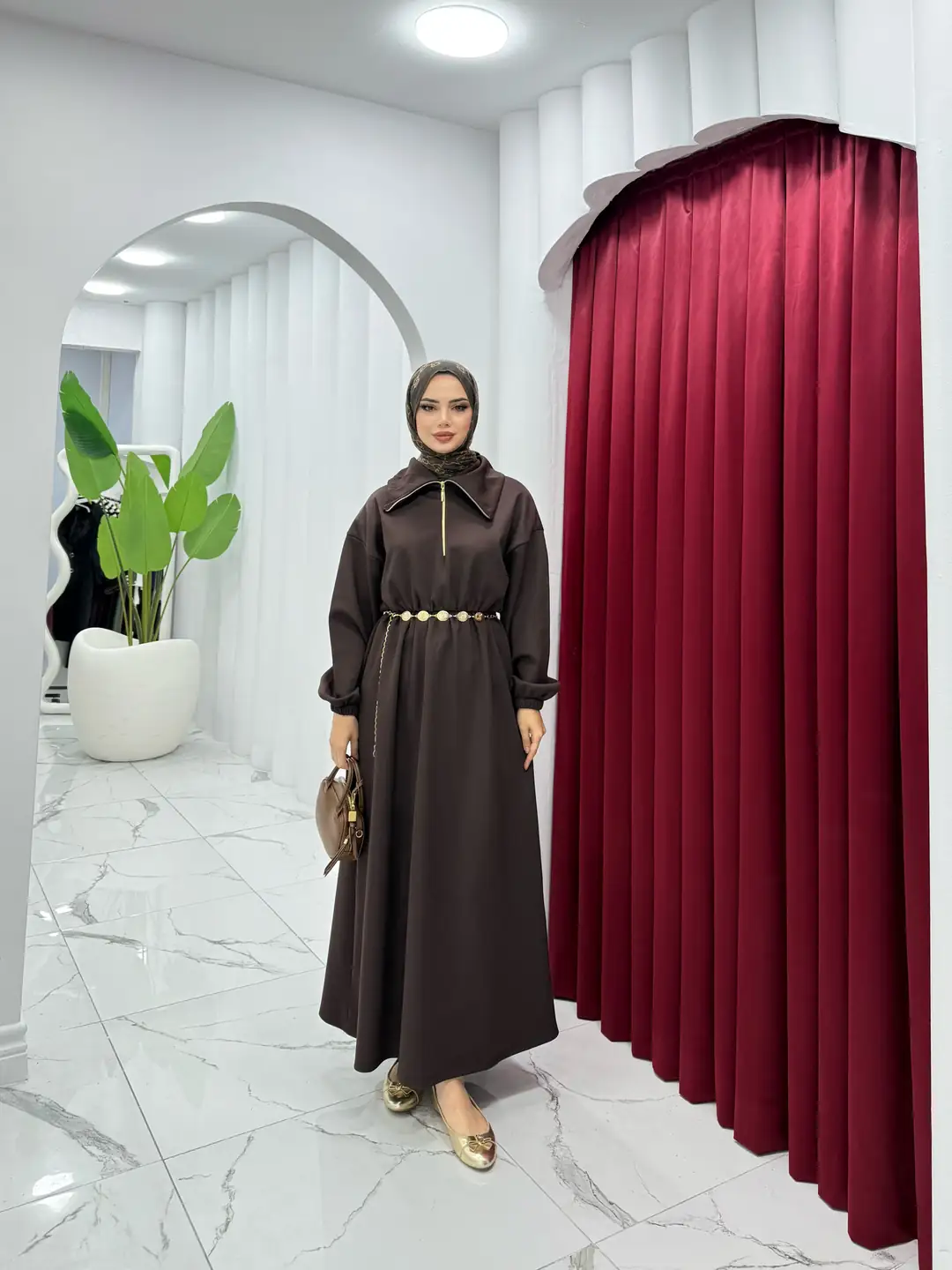 Kemerli Scuba Elbise Kahverengi - 2