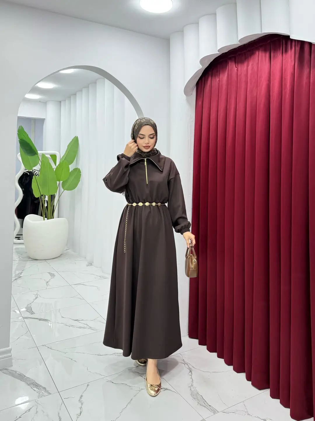 Kemerli Scuba Elbise Kahverengi - 3