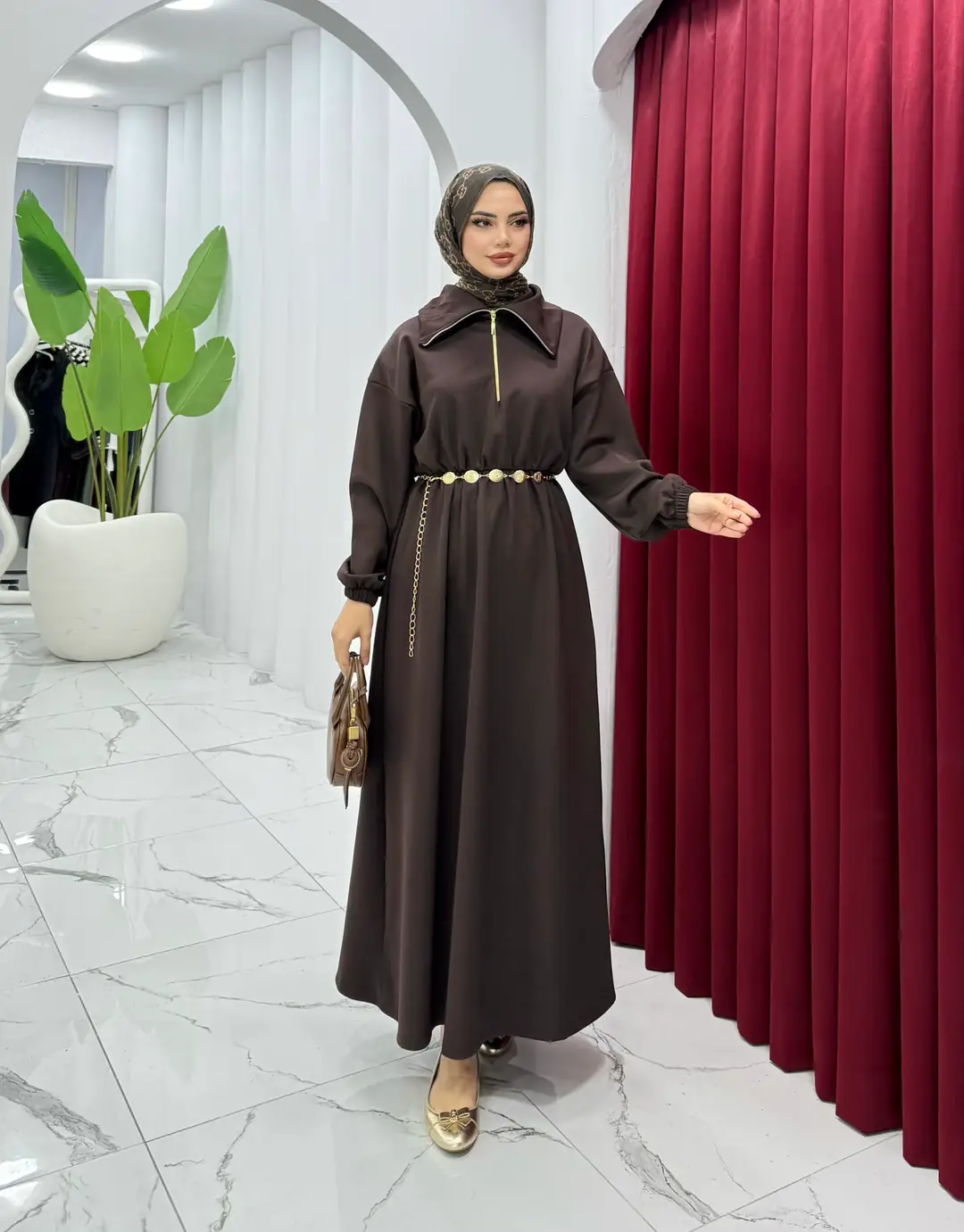 Kemerli Scuba Elbise Kahverengi