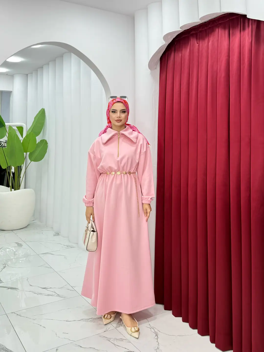 Kemerli Scuba Elbise Pembe - 2