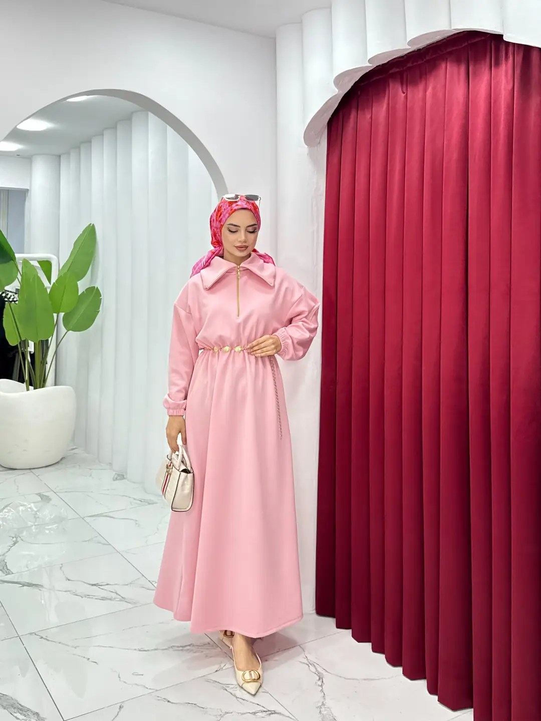 Kemerli Scuba Elbise Pembe - 3