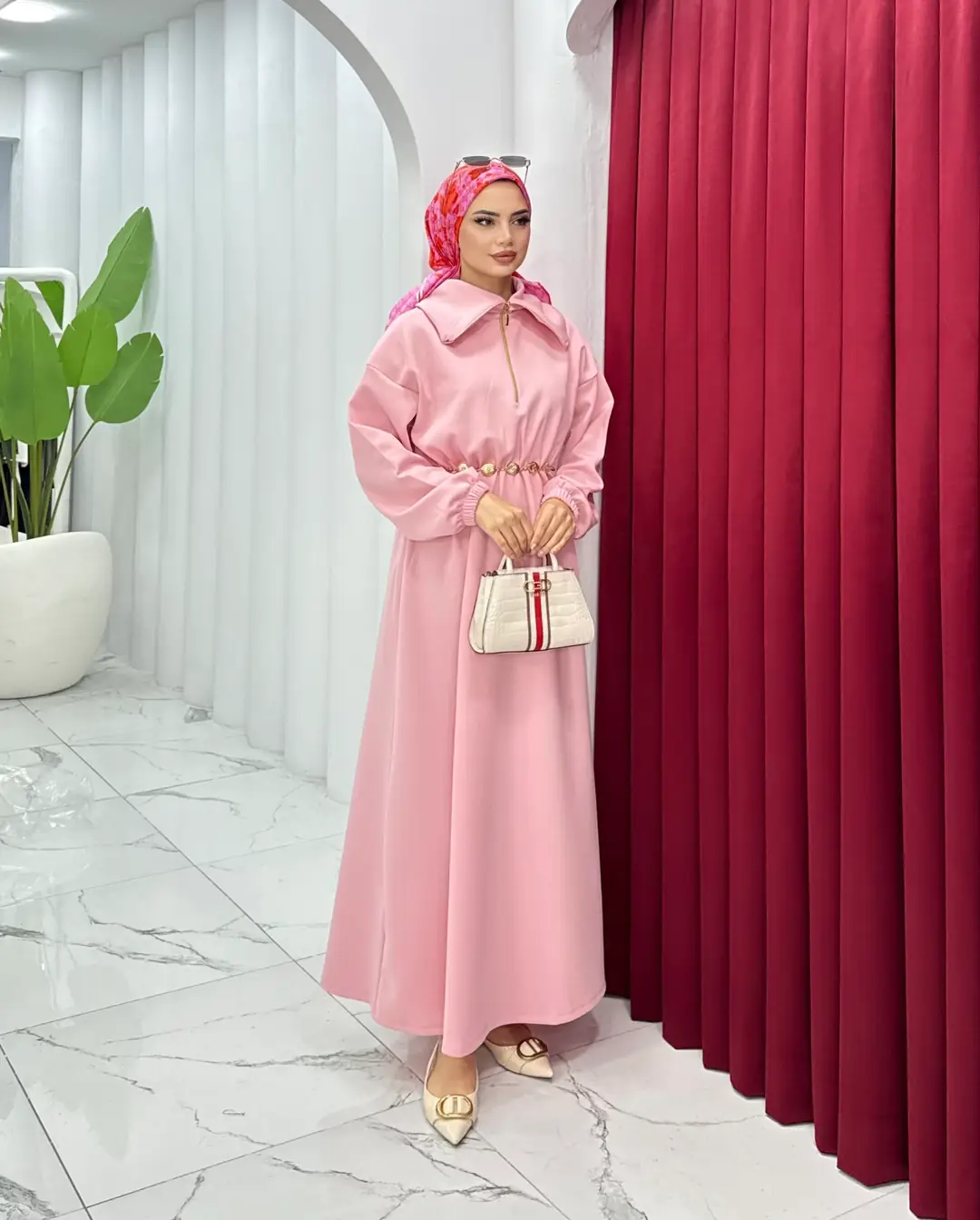 Kemerli Scuba Elbise Pembe