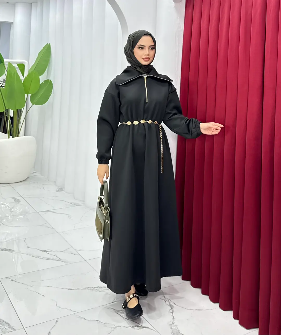 Kemerli Scuba Elbise Siyah