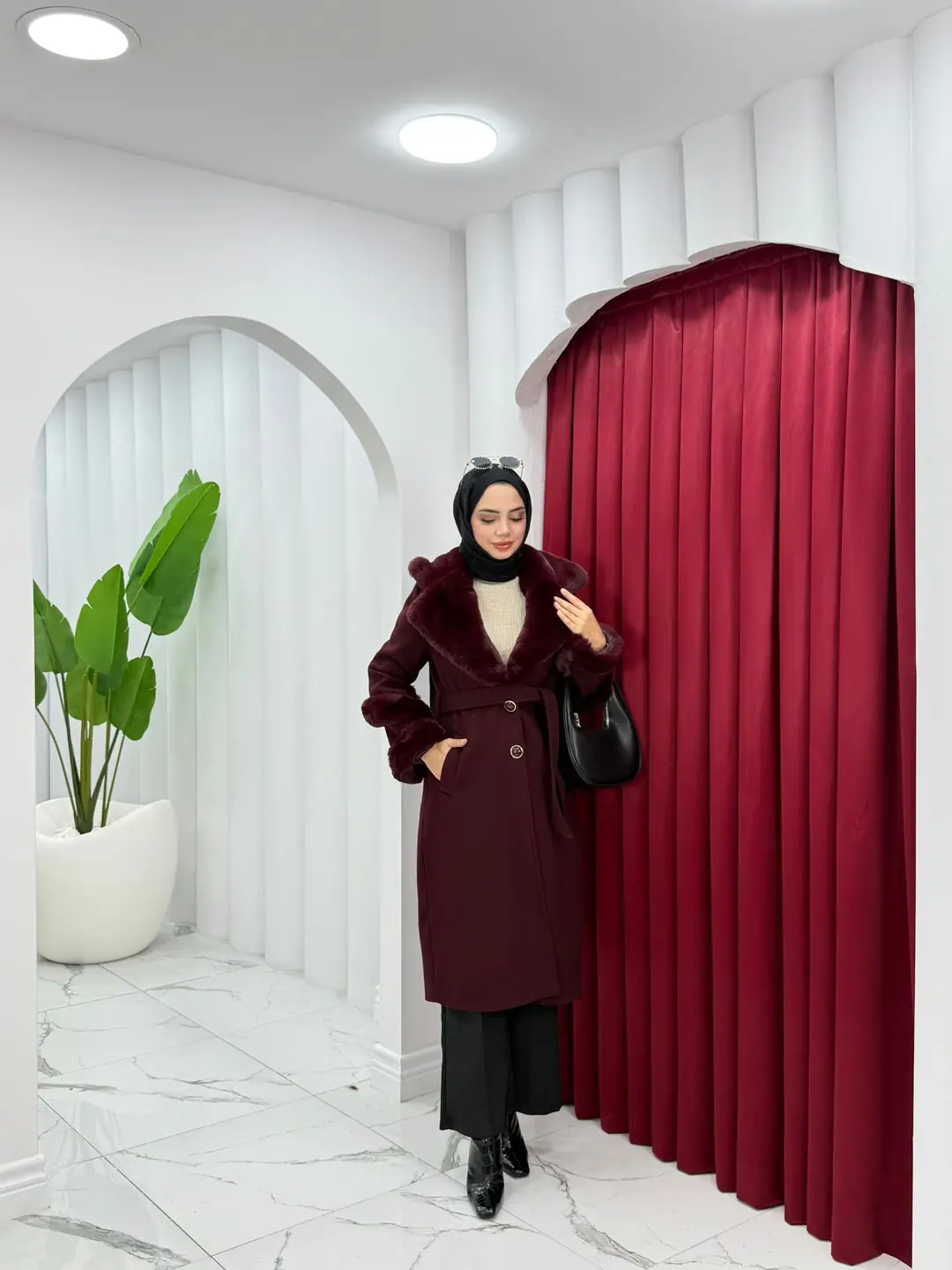 Kürk Detaylı Premium Uzun Kaşe Kaban - 2