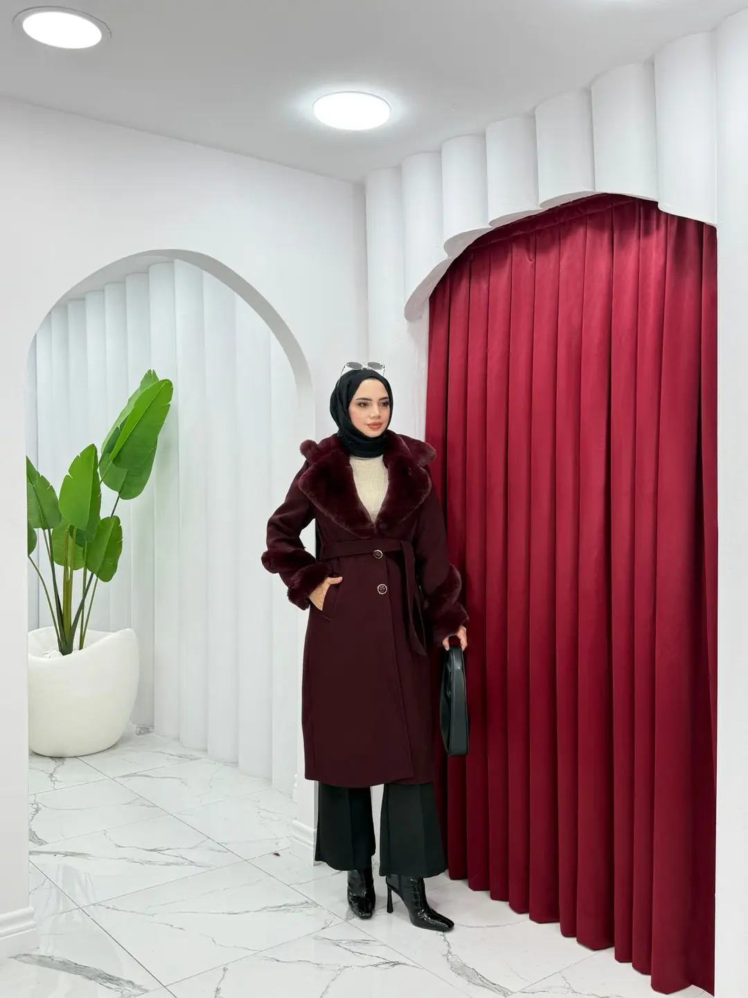 Kürk Detaylı Premium Uzun Kaşe Kaban - 3