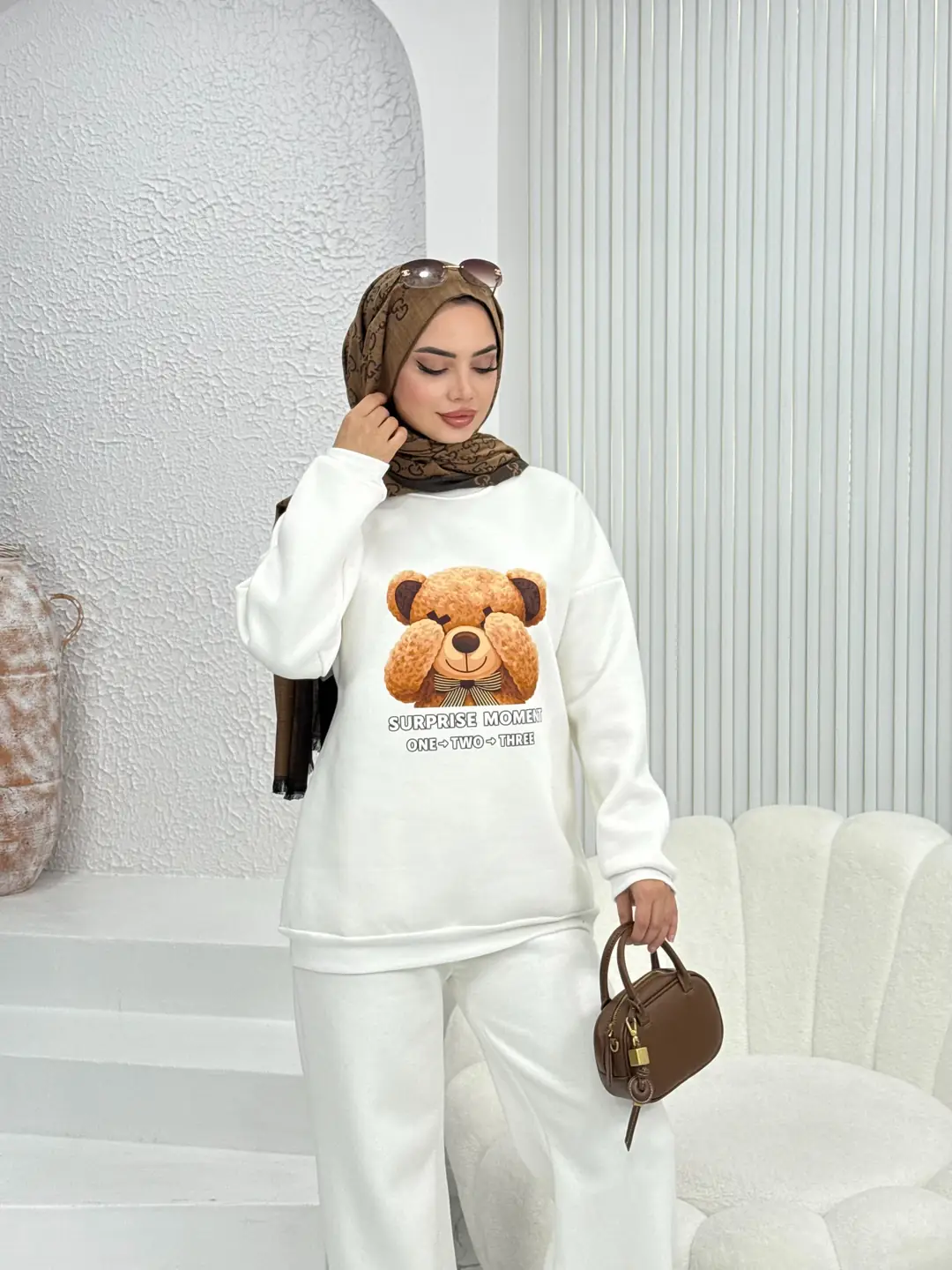 Puffy Şardonlu Sweat İkili Takım Beyaz - 3