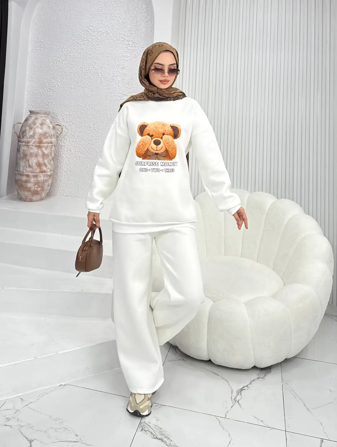 Puffy Şardonlu Sweat İkili Takım Beyaz