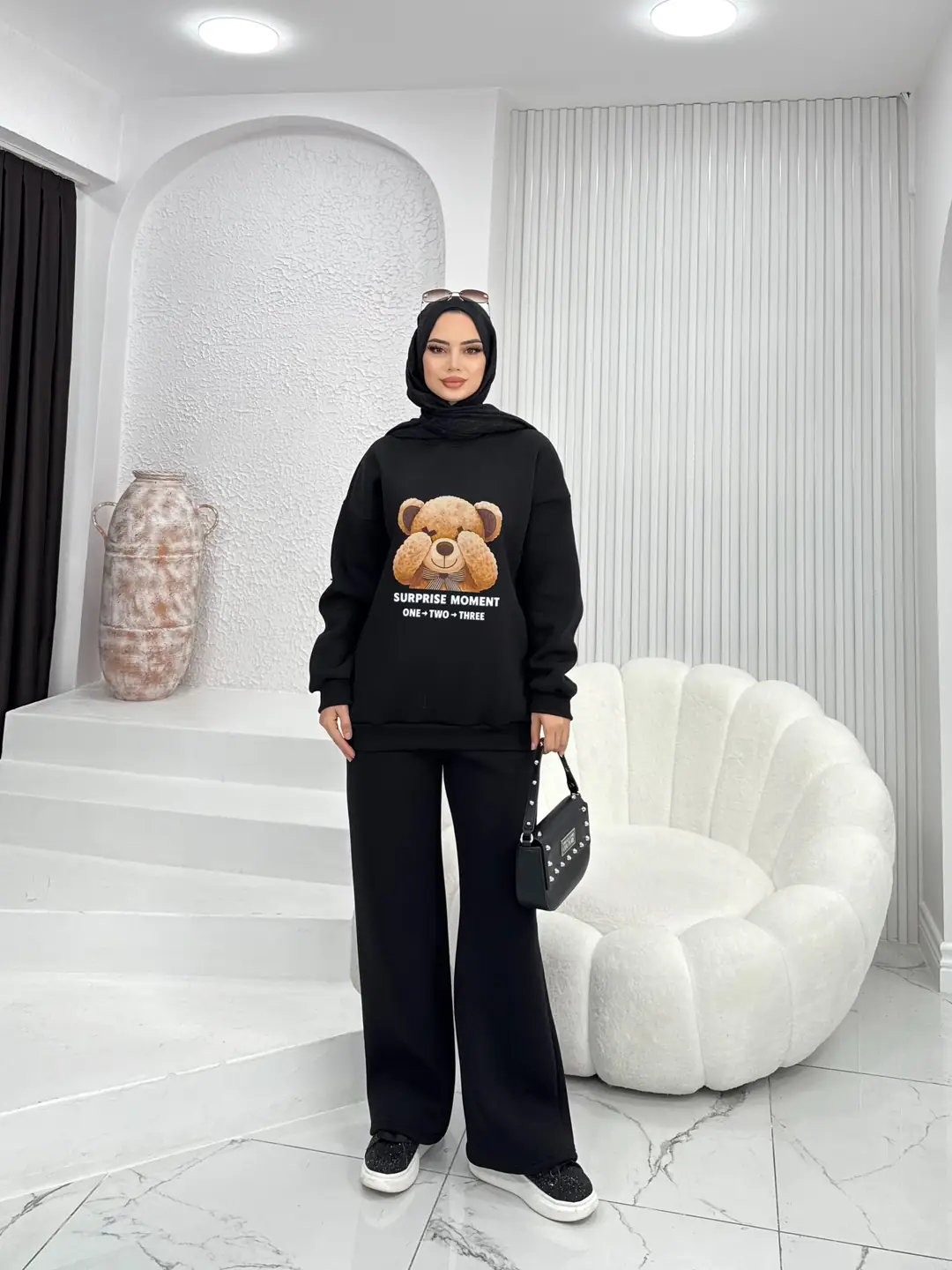 Puffy Şardonlu Sweat İkili Takım Siyah - 2