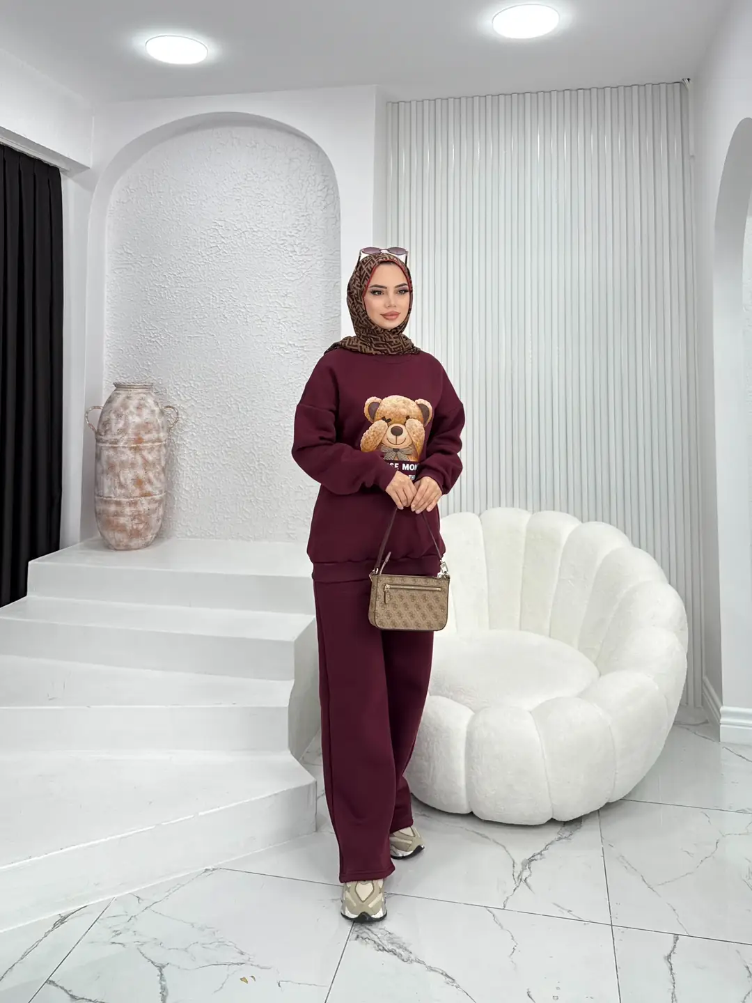 Puffy Şardonlu Sweat İkili Takım Bordo - 2