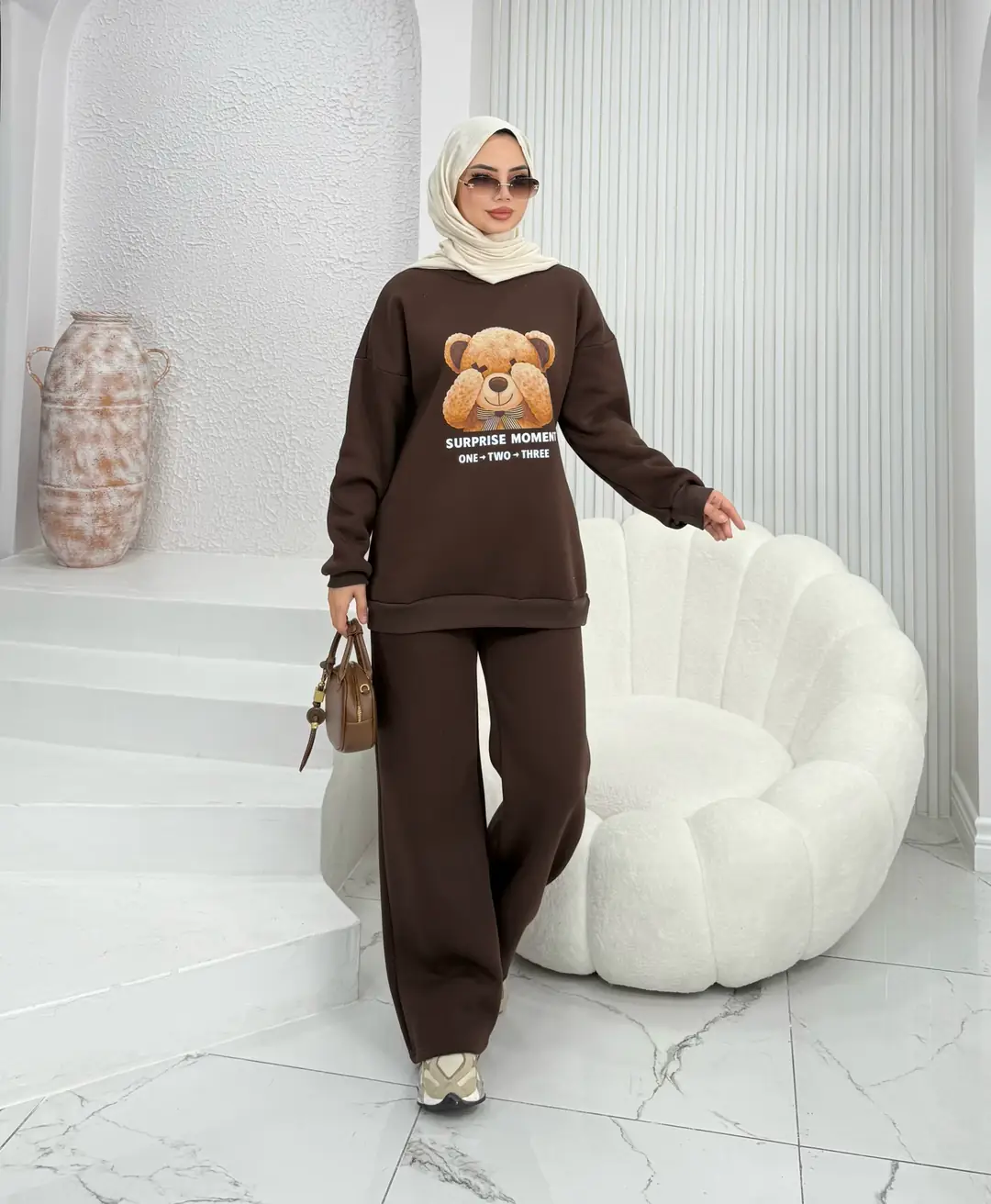 Puffy Şardonlu Sweat İkili Takım Kahve