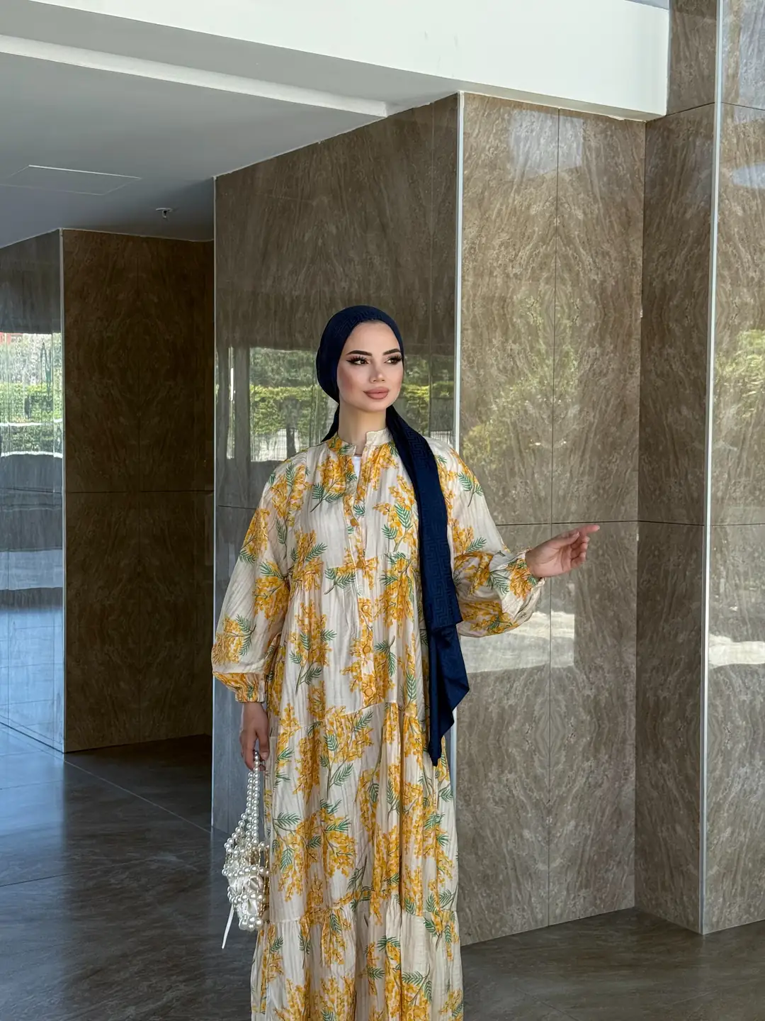 Sarı Desenli Uzun Elbise - 2