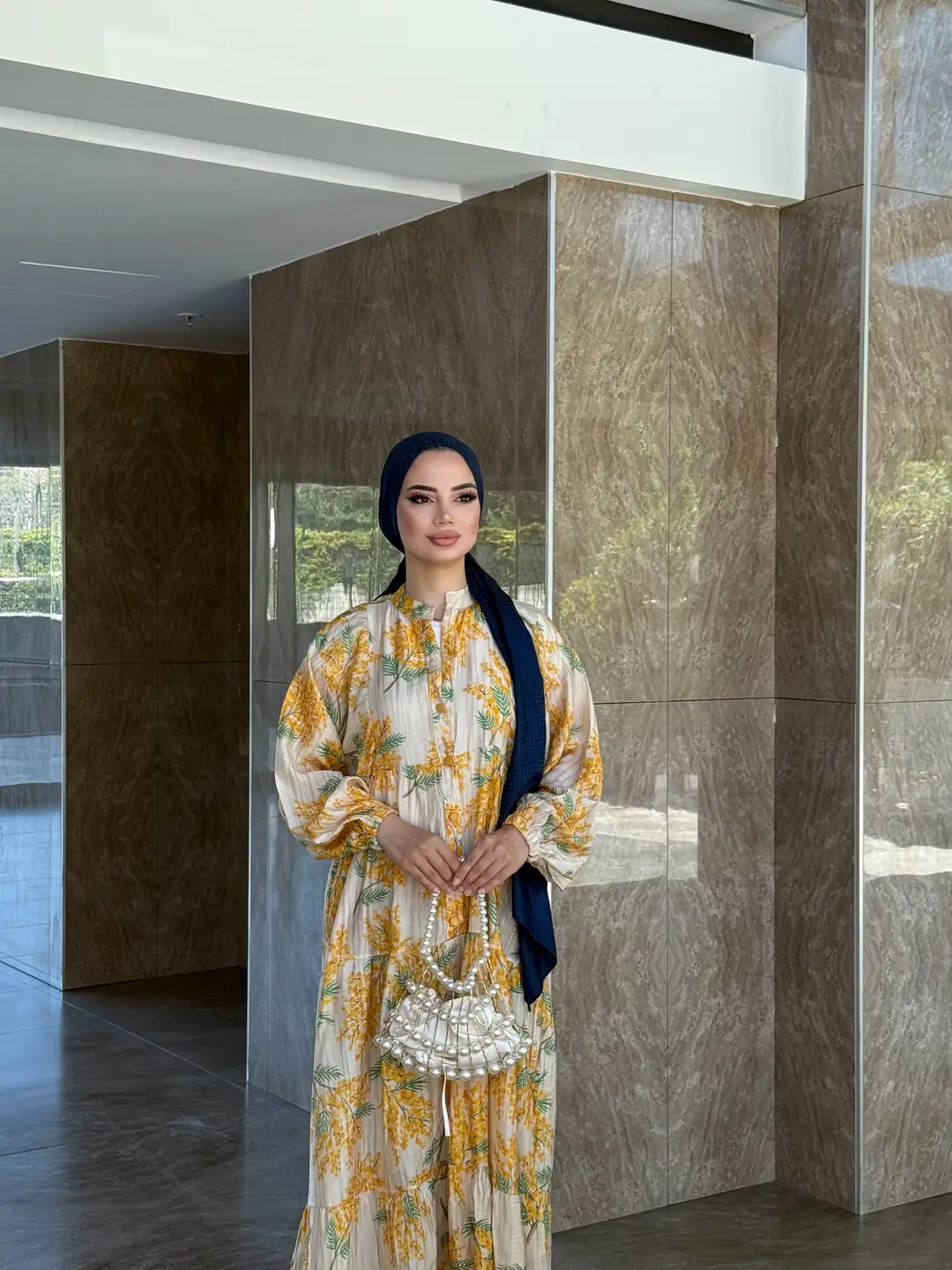 Sarı Desenli Uzun Elbise - 3