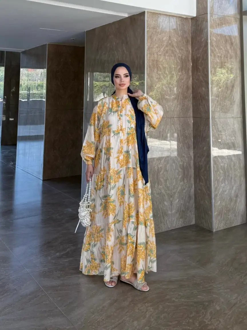 Sarı Desenli Uzun Elbise