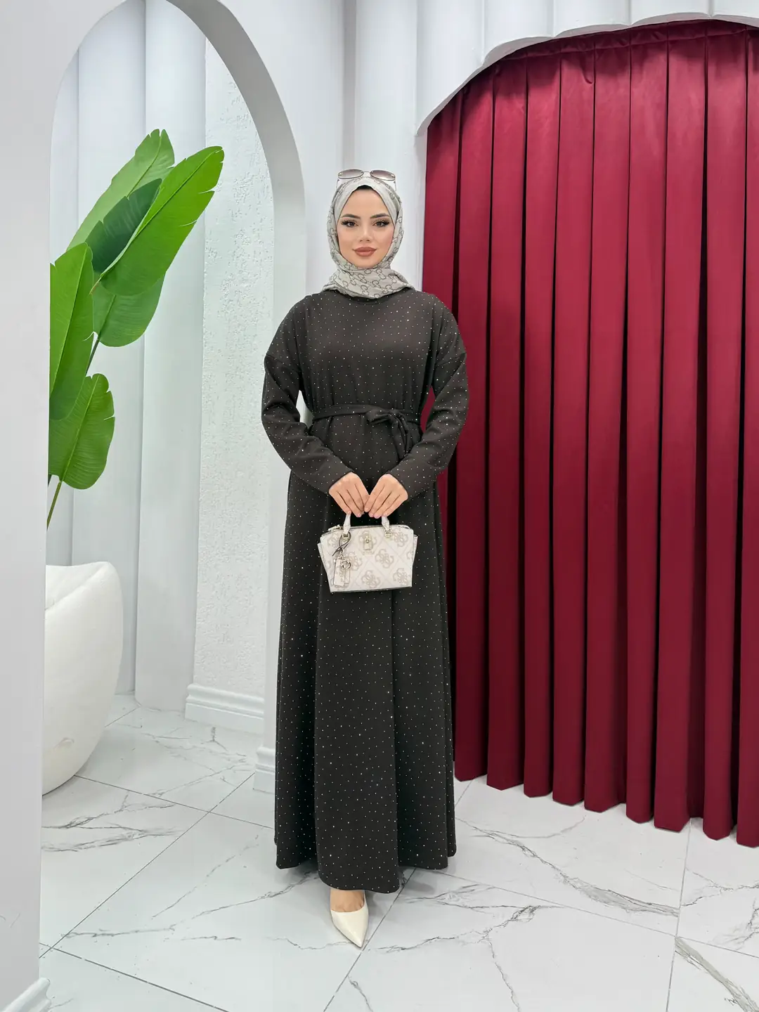 Taşlı Oysh Elbise Kahverengi - 2