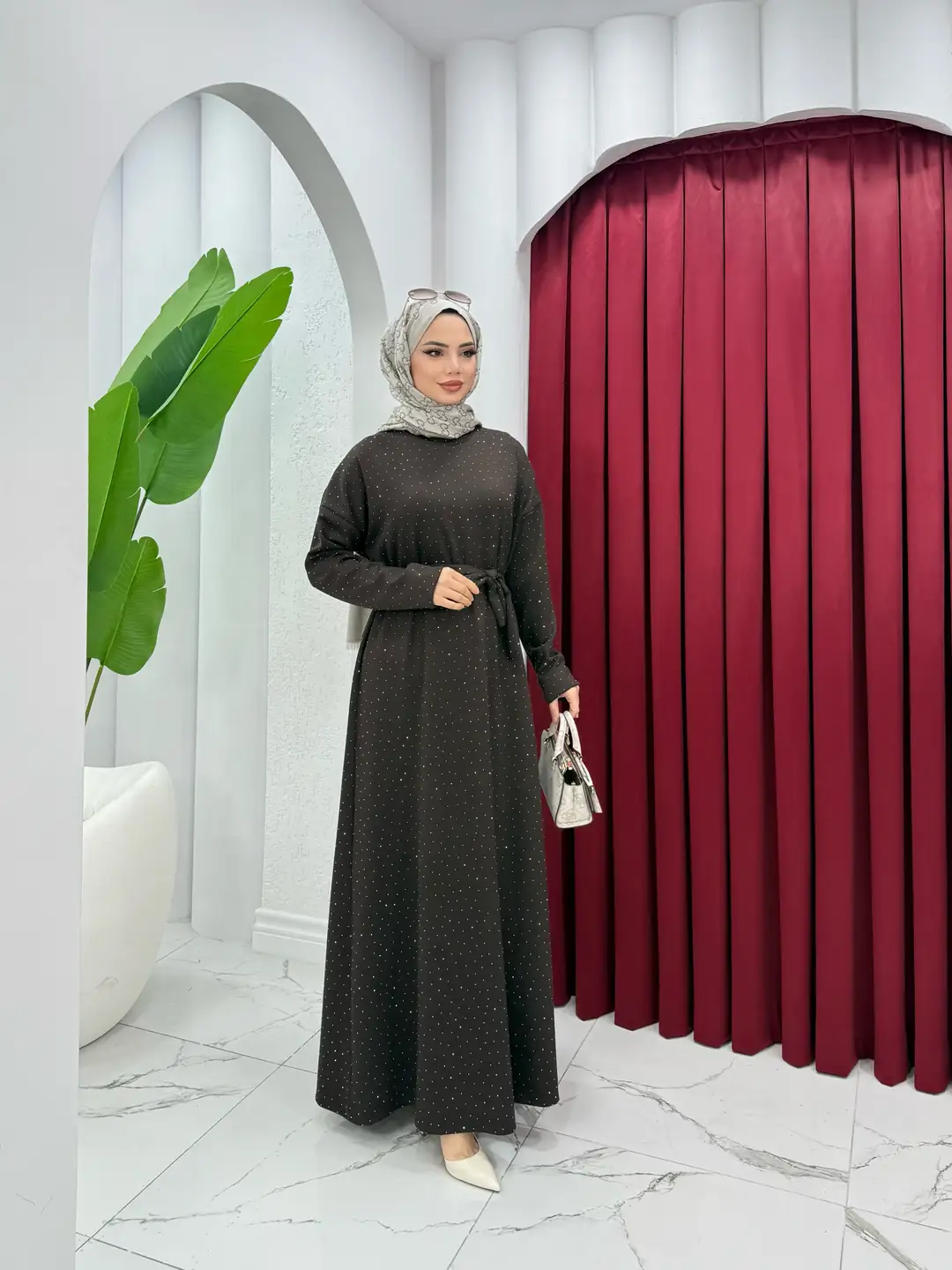 Taşlı Oysh Elbise Kahverengi - 3