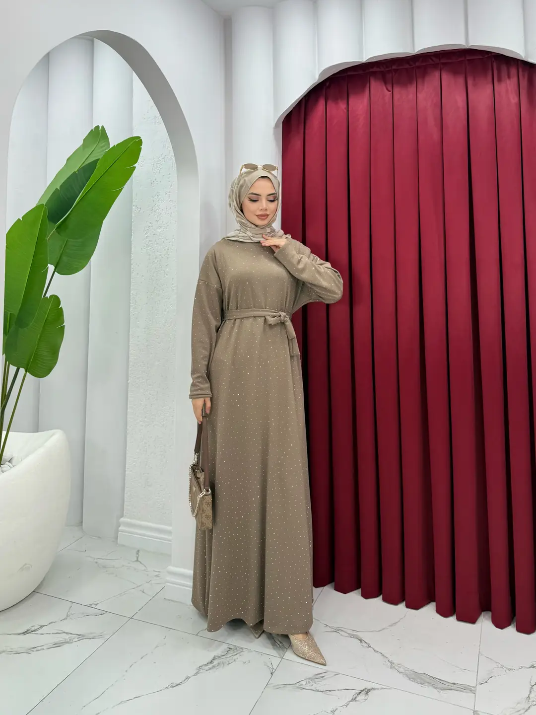 Taşlı Oysh Elbise Vizon - 2