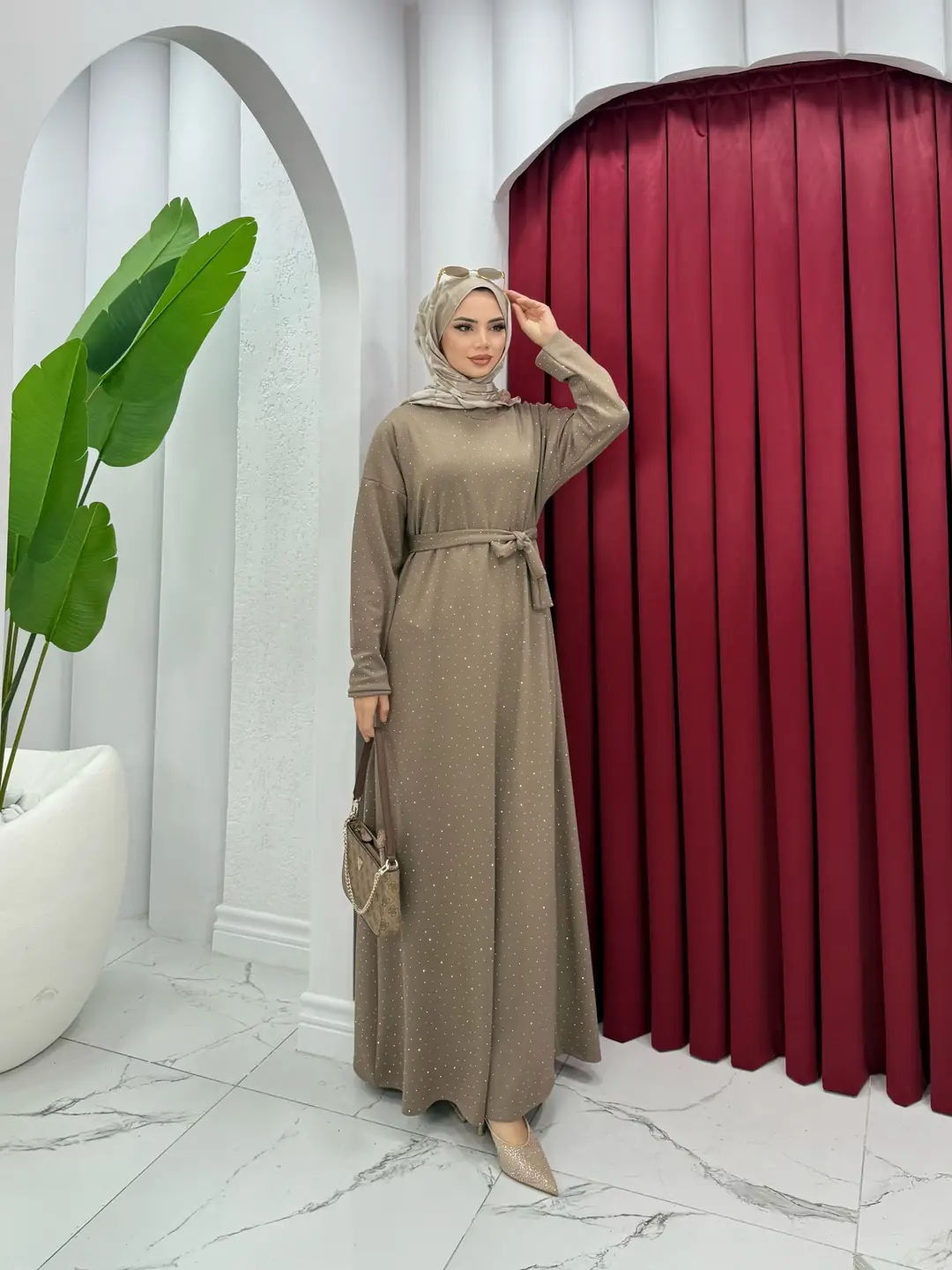 Taşlı Oysh Elbise Vizon - 3