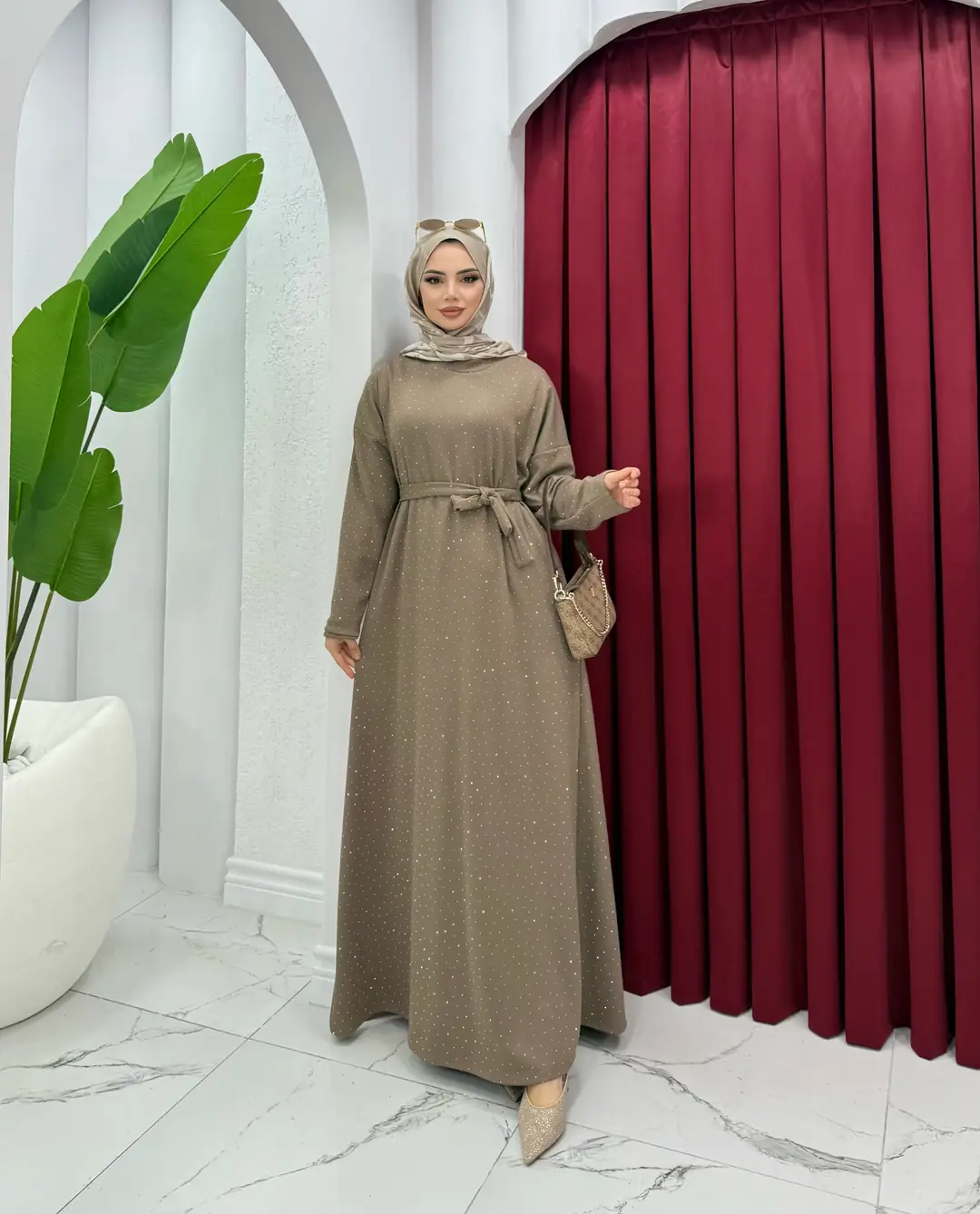 Taşlı Oysh Elbise Vizon