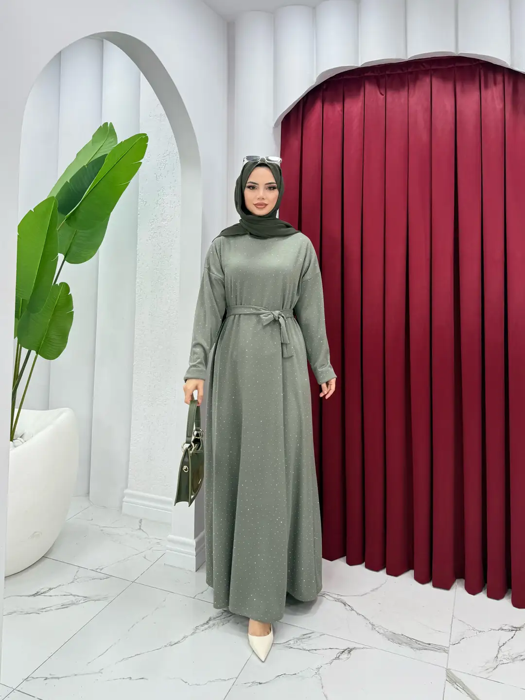 Taşlı Oysh Elbise Haki - 2