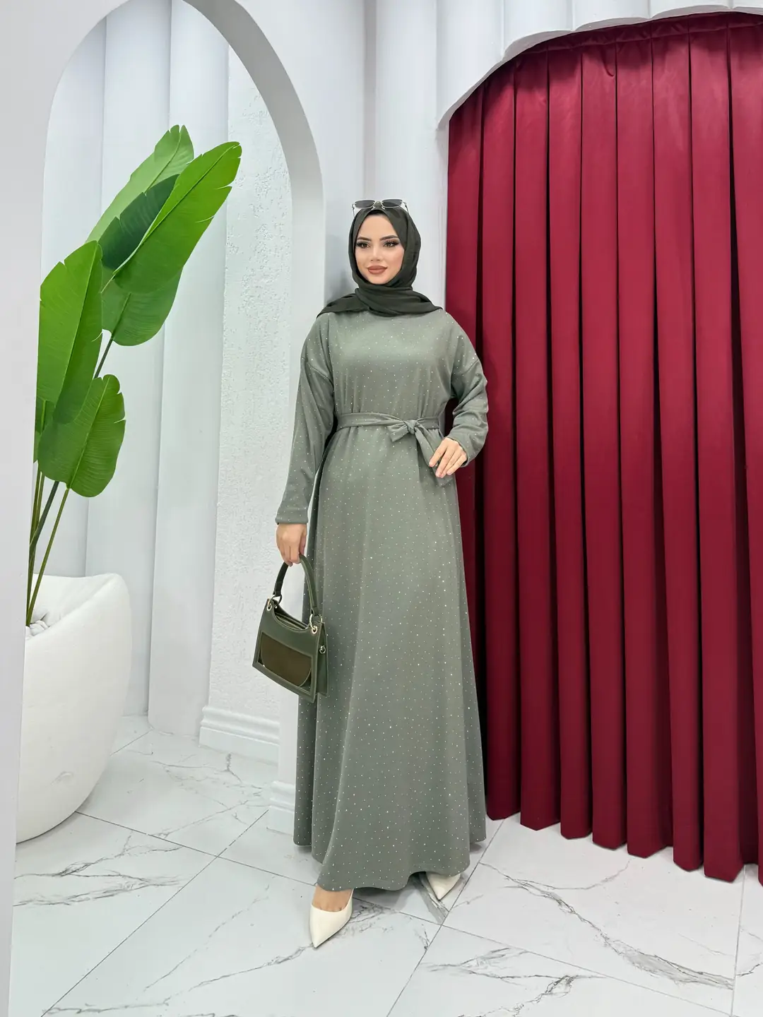 Taşlı Oysh Elbise Haki