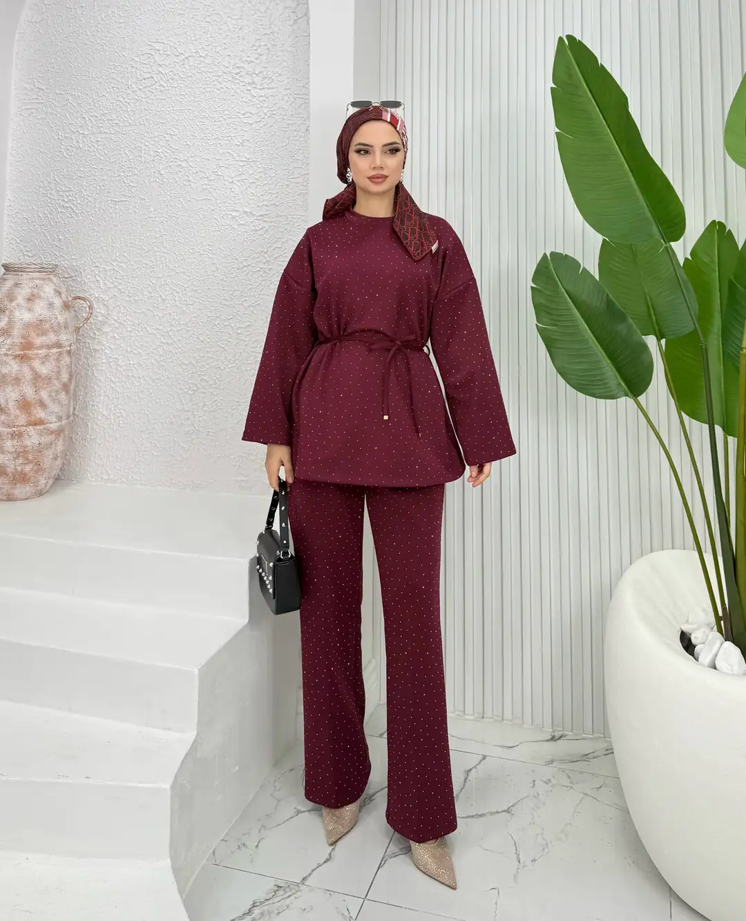 Taşlı Scuba Takım Bordo - 2