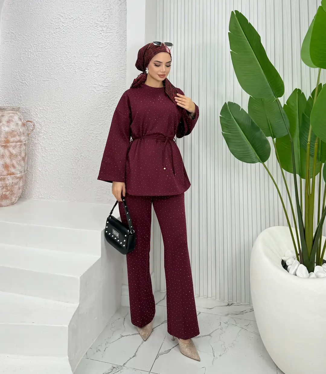 Taşlı Scuba Takım Bordo - 3