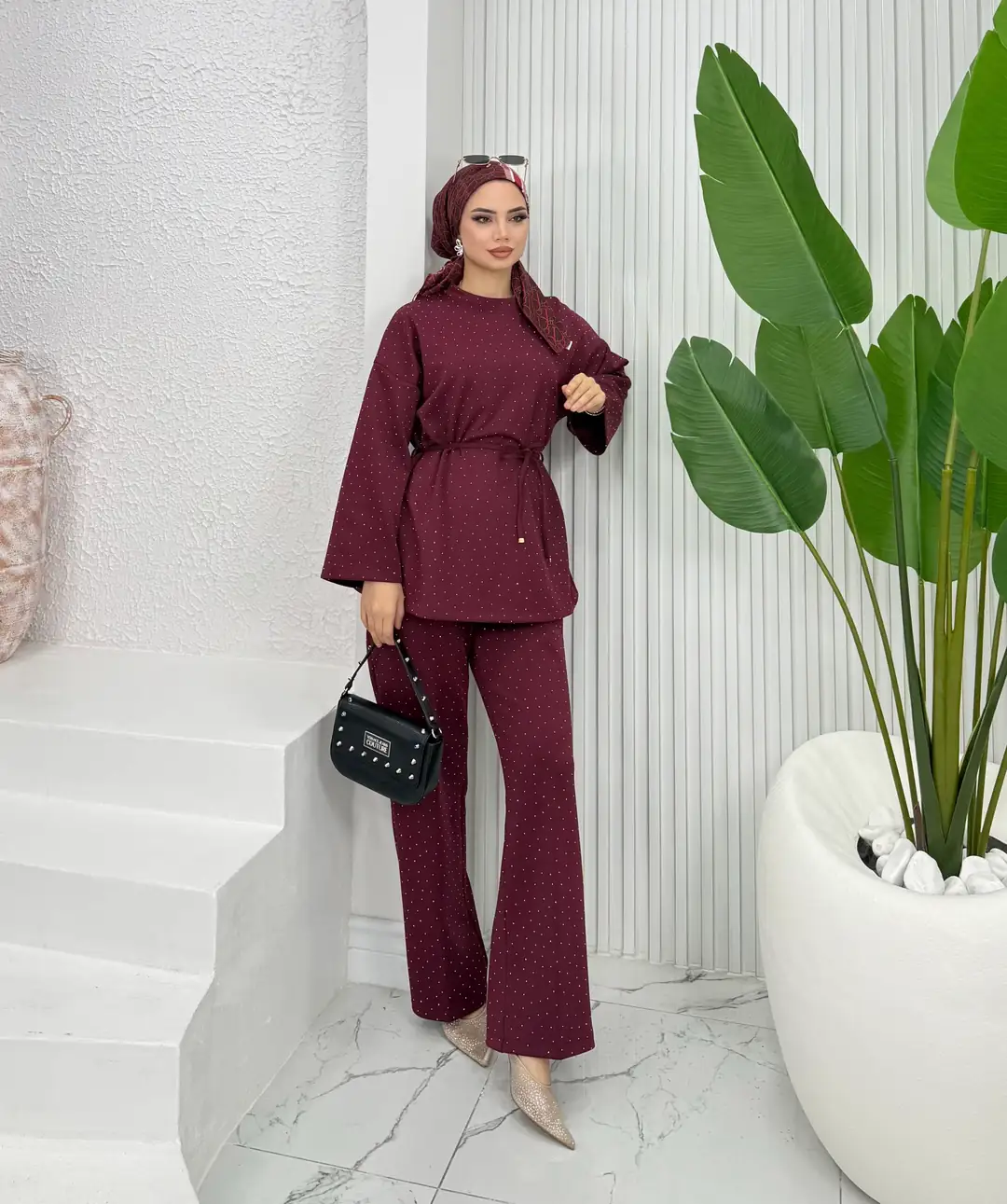 Taşlı Scuba Takım Bordo