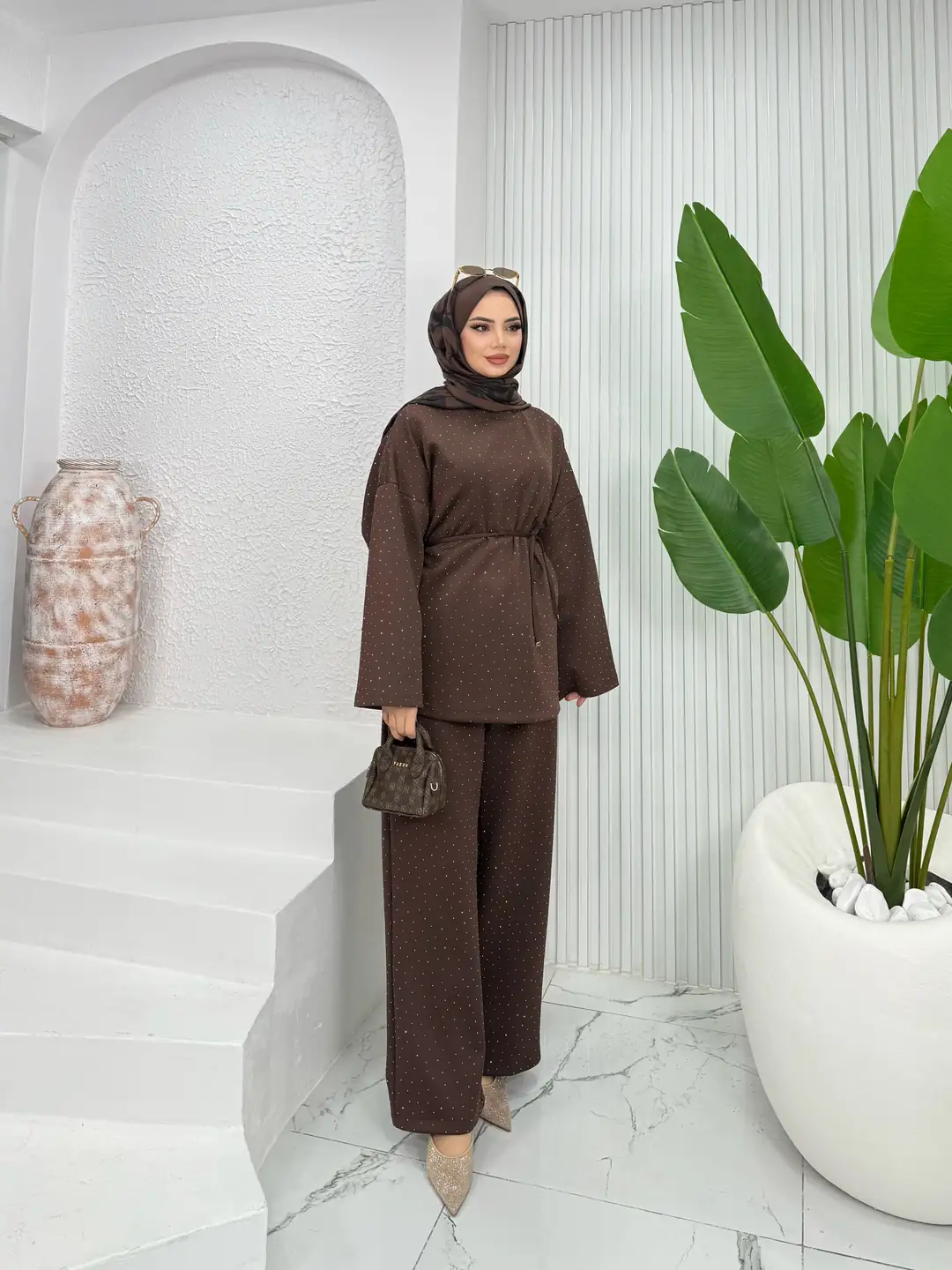 Taşlı Scuba Takım Kahverengi - 3